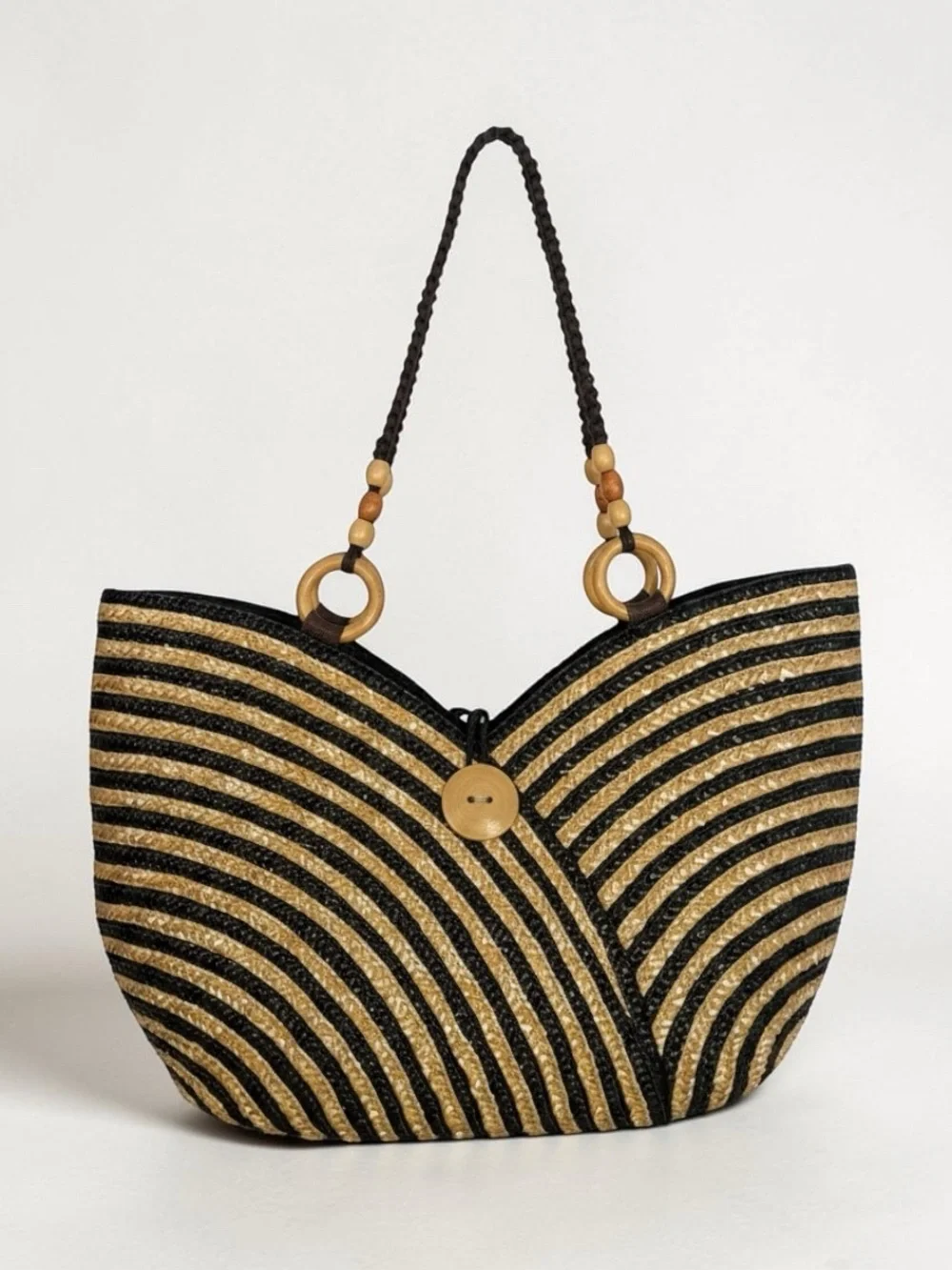 Woven Straw Tote Shoulder Bag in Black and Natural - Picture 1 of 6